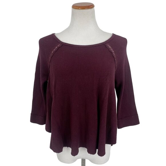 Free People Waffle Knit Tunic Top • Oversized 3/4 Sleeve Thermal Cozy Boho - Picture 2 of 14